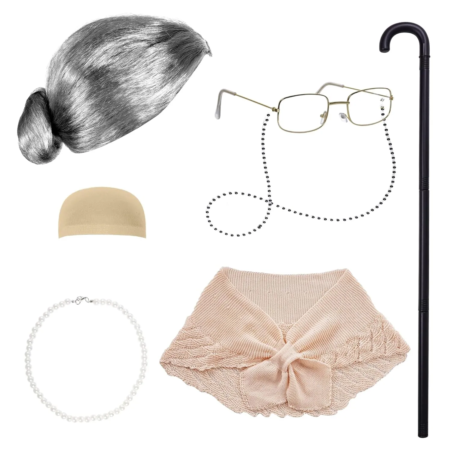 100 Days of School Costume Old Lady Costume Grandma Wig Old Lady Shawl Granny Glasses with Chain Pearl Necklace Grandma Cane School 100th Activity Suit