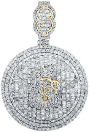 10K Yellow Gold Mens Baguette Diamond Money Bag Circle Necklace Pendant 5 Ctw.