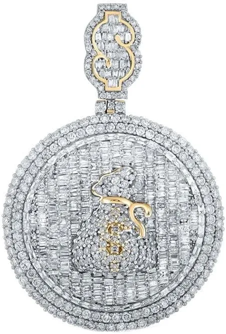 10K Yellow Gold Mens Baguette Diamond Money Bag Circle Necklace Pendant 5 Ctw.