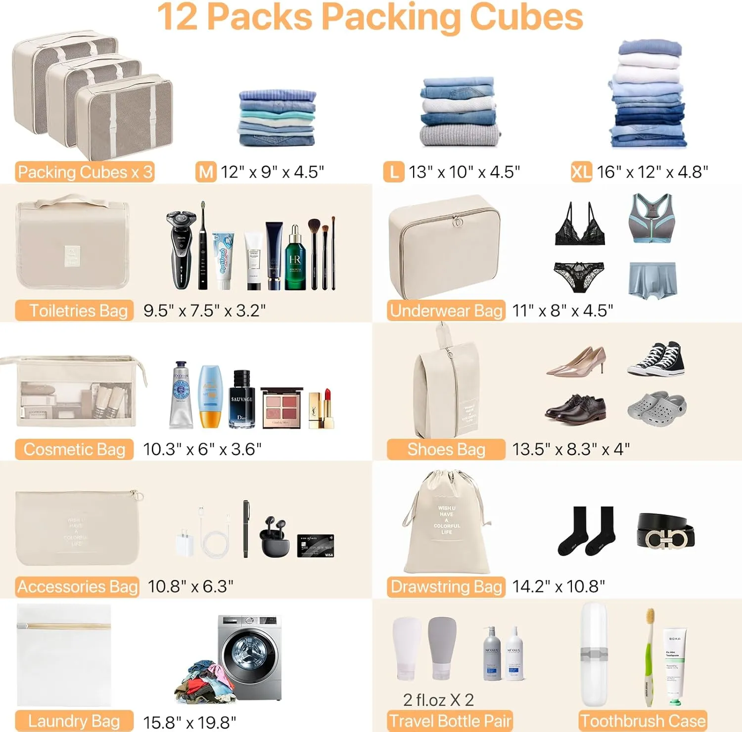 13-Piece Packing Cubes (Beige), Travel Compression Packing Cubes for Suitcases, Backpacks & Carry-Ons
