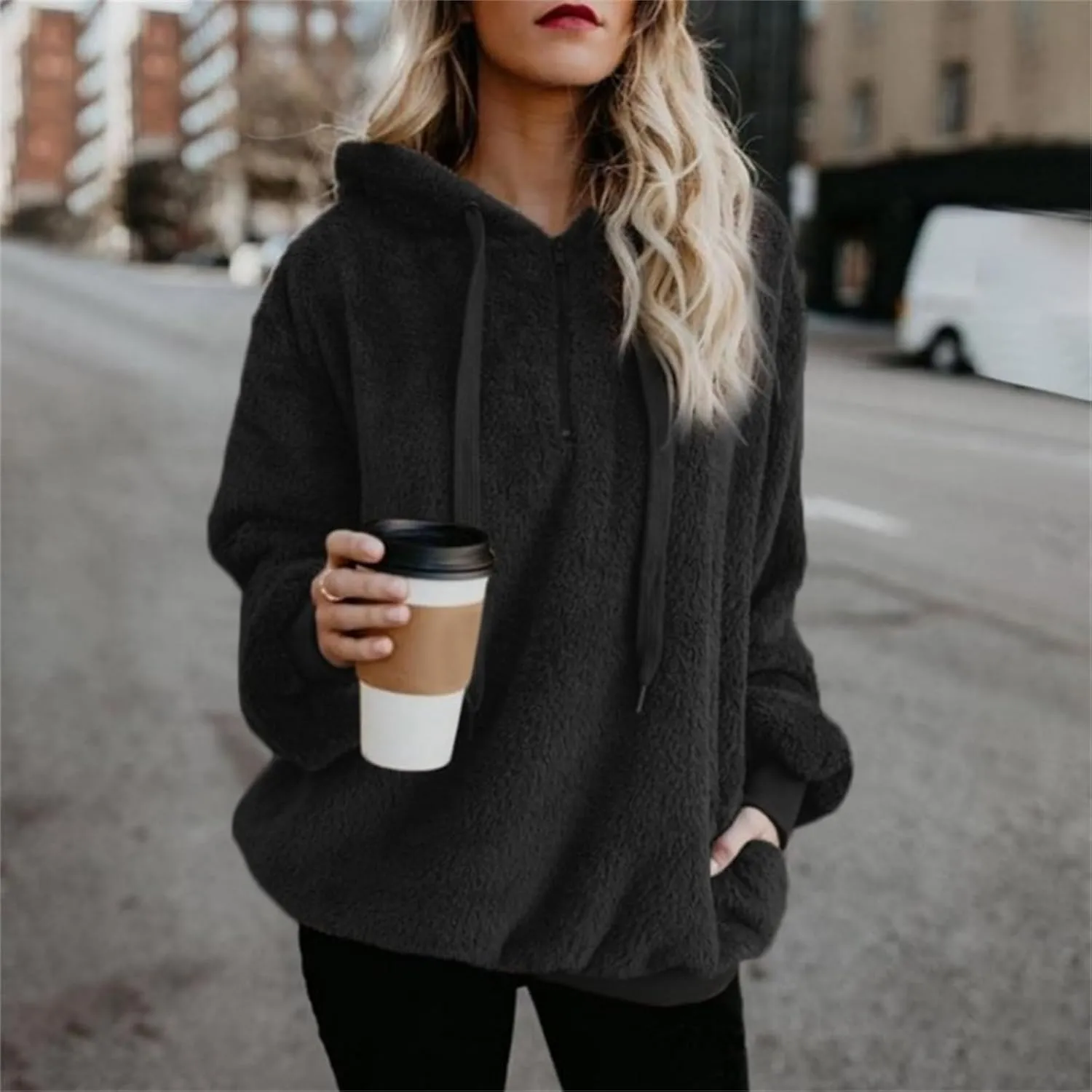 1/4 Zip Up Hoodie Women Fleece Sweatshirts Soft Fuzzy Jackets Sherpa Pullover Oversized Plain