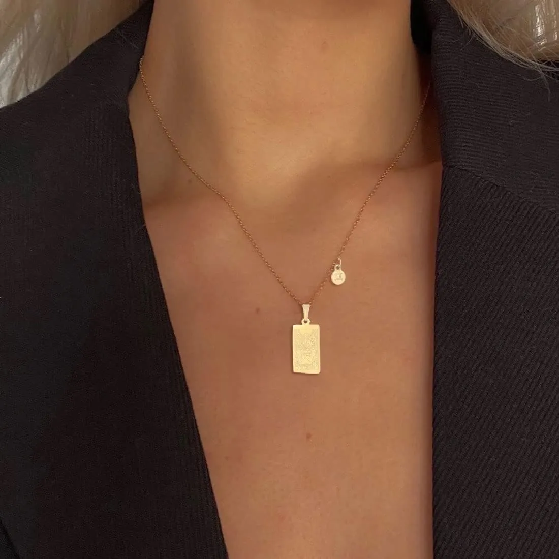 14k Gold Plated Zodiac Sign with Tarot Card Pendant Necklace Birthday Gift for Women