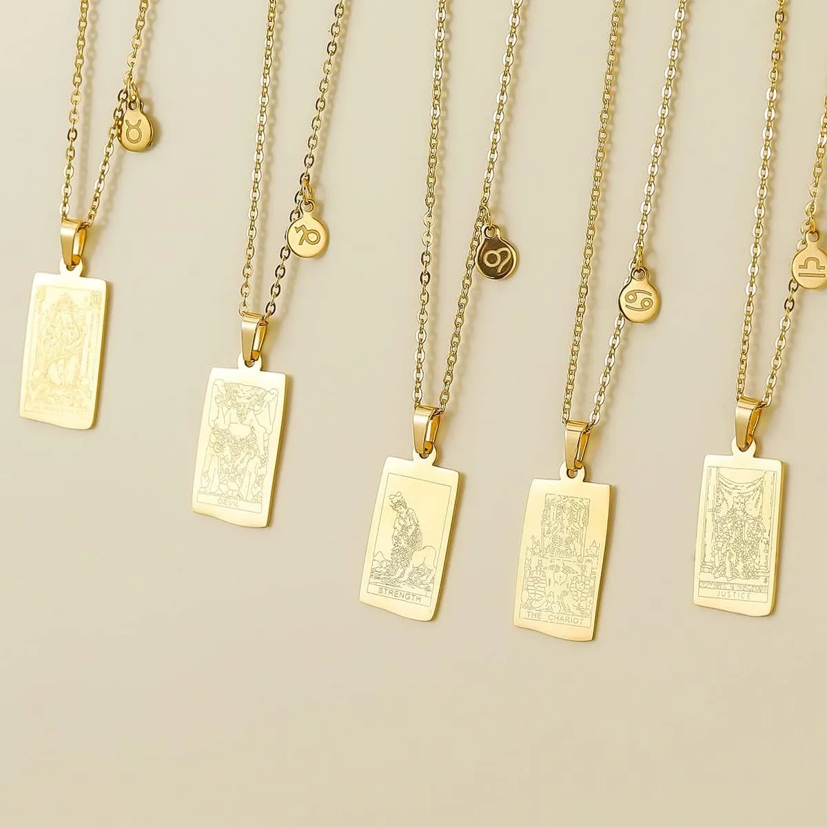 14k Gold Plated Zodiac Sign with Tarot Card Pendant Necklace Birthday Gift for Women
