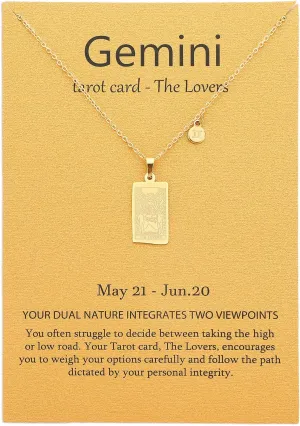 14k Gold Plated Zodiac Sign with Tarot Card Pendant Necklace Birthday Gift for Women