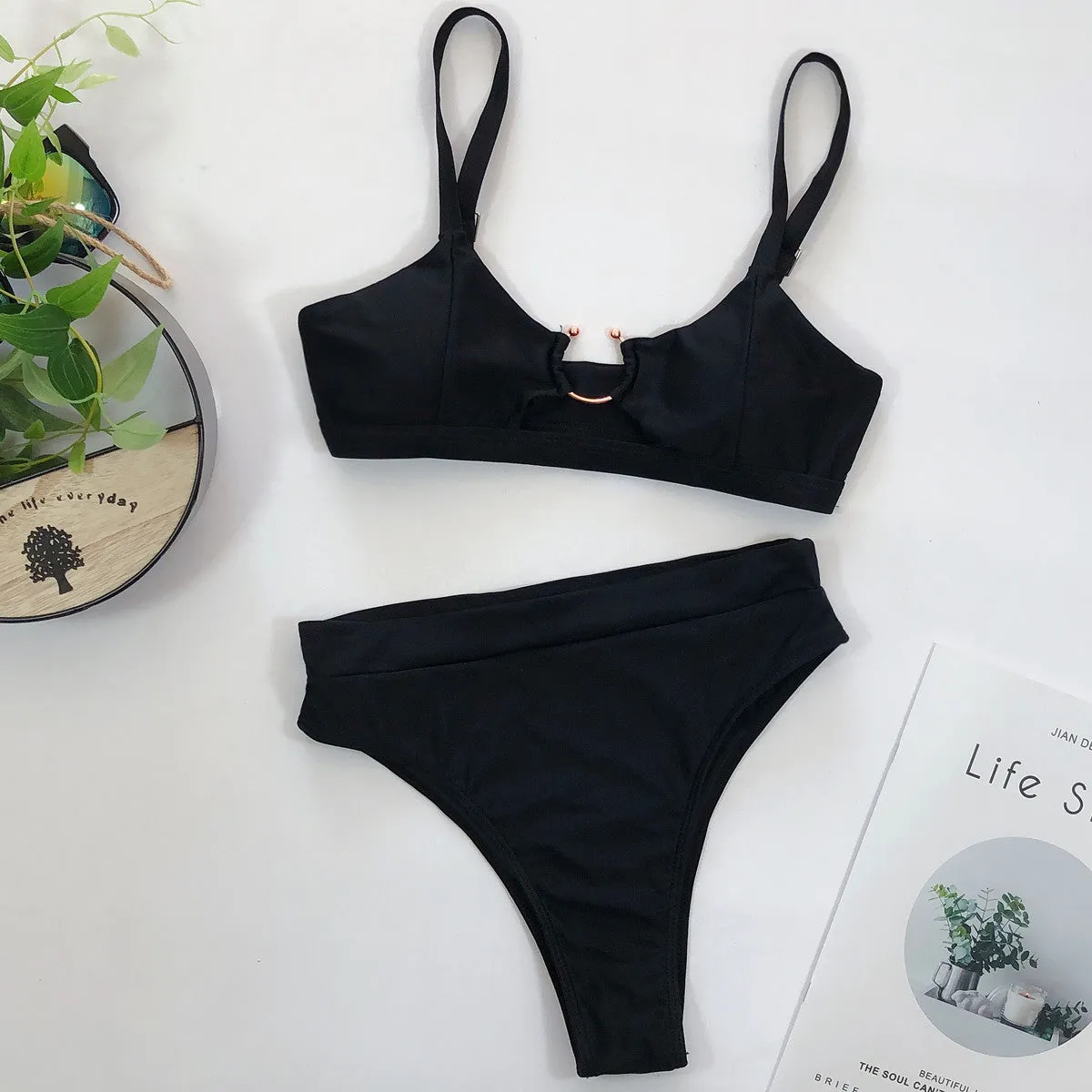 2020 Female swimsuit 2pc Bikini leopard solid color swimsuit Europe US Style Center Ring Various Pattern
