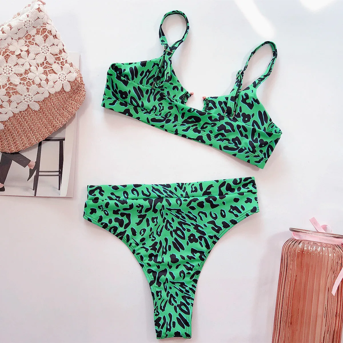 2020 Female swimsuit 2pc Bikini leopard solid color swimsuit Europe US Style Center Ring Various Pattern