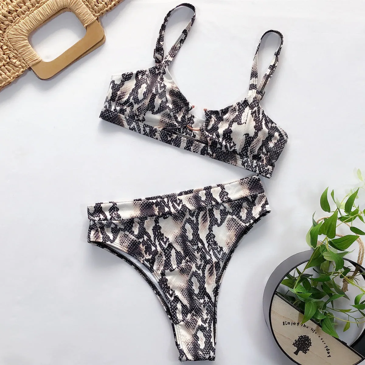 2020 Female swimsuit 2pc Bikini leopard solid color swimsuit Europe US Style Center Ring Various Pattern
