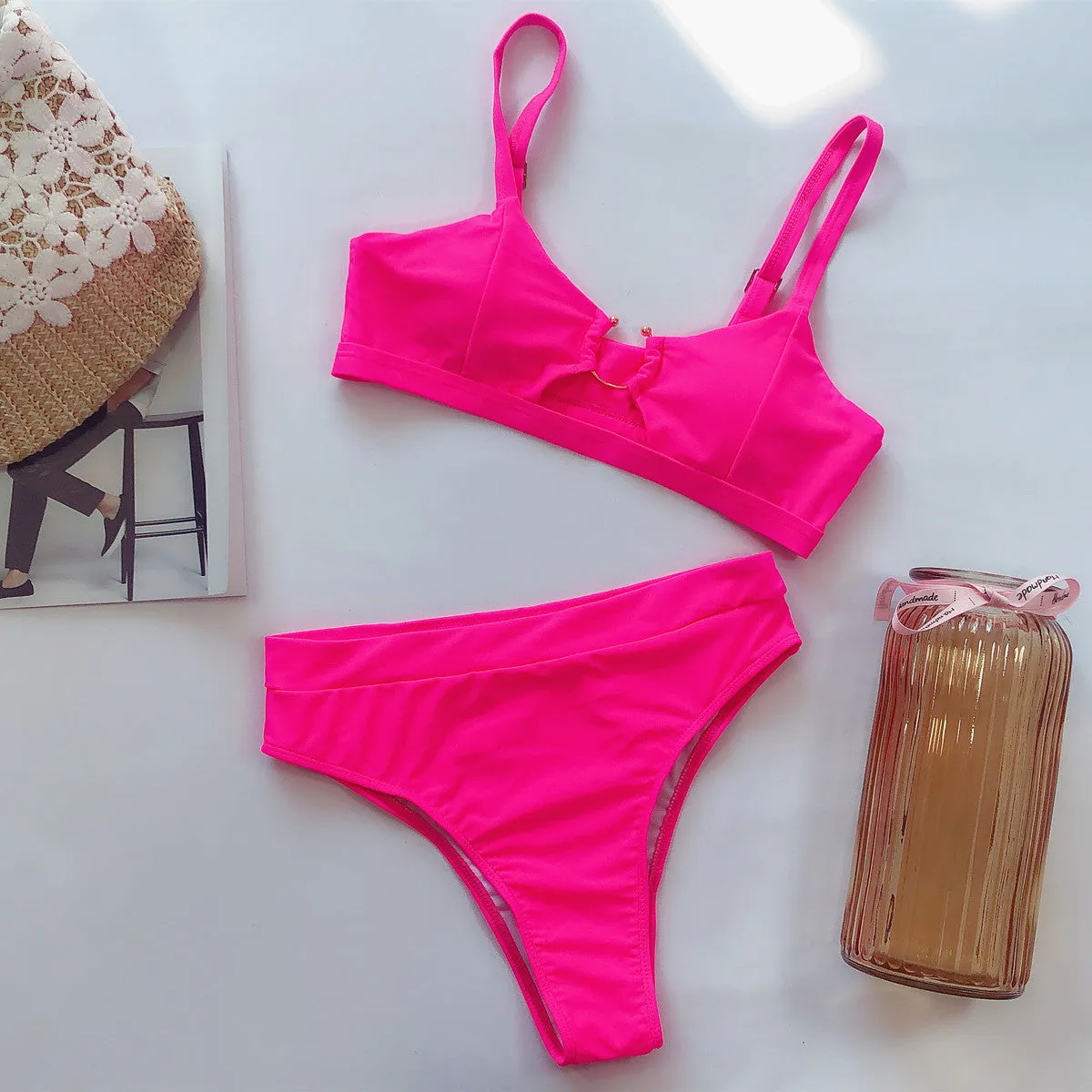 2020 Female swimsuit 2pc Bikini leopard solid color swimsuit Europe US Style Center Ring Various Pattern