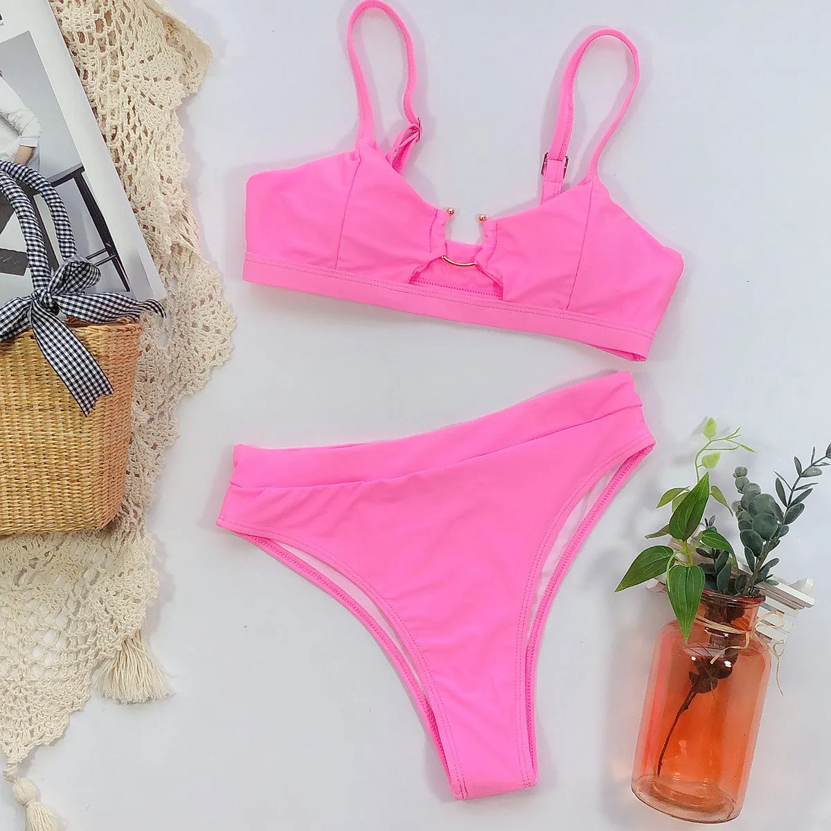 2020 Female swimsuit 2pc Bikini leopard solid color swimsuit Europe US Style Center Ring Various Pattern