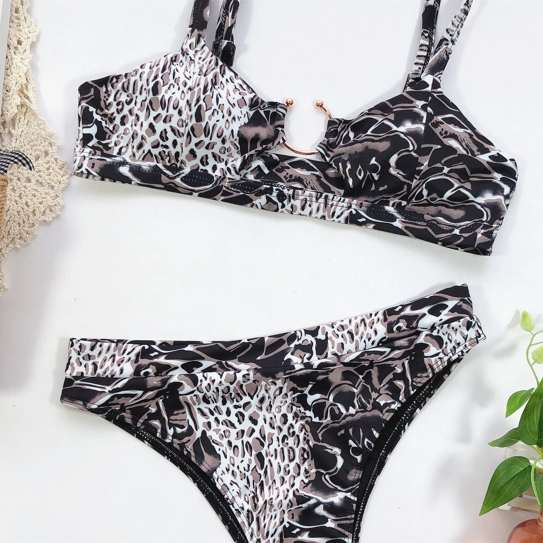 2020 Female swimsuit 2pc Bikini leopard solid color swimsuit Europe US Style Center Ring Various Pattern