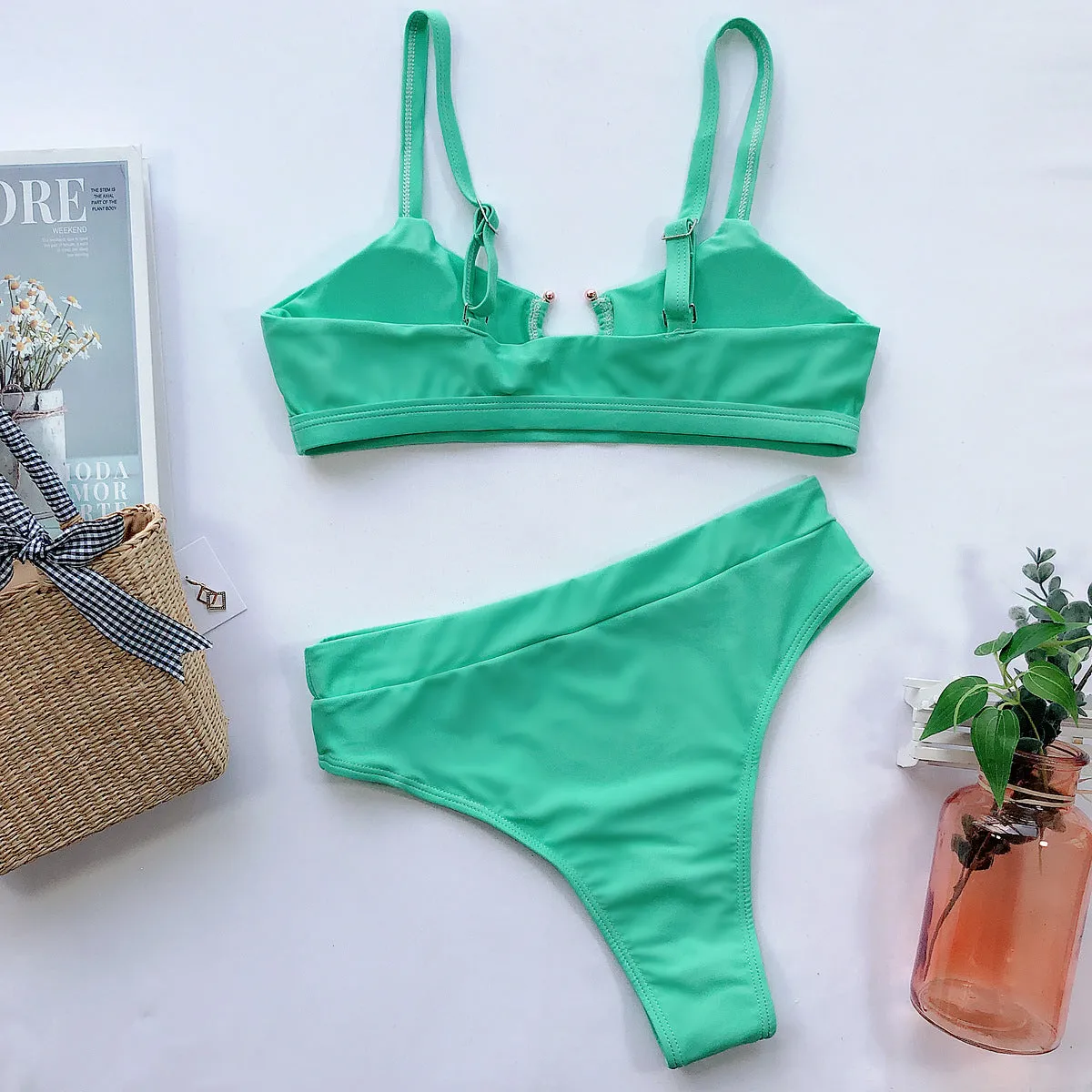 2020 Female swimsuit 2pc Bikini leopard solid color swimsuit Europe US Style Center Ring Various Pattern