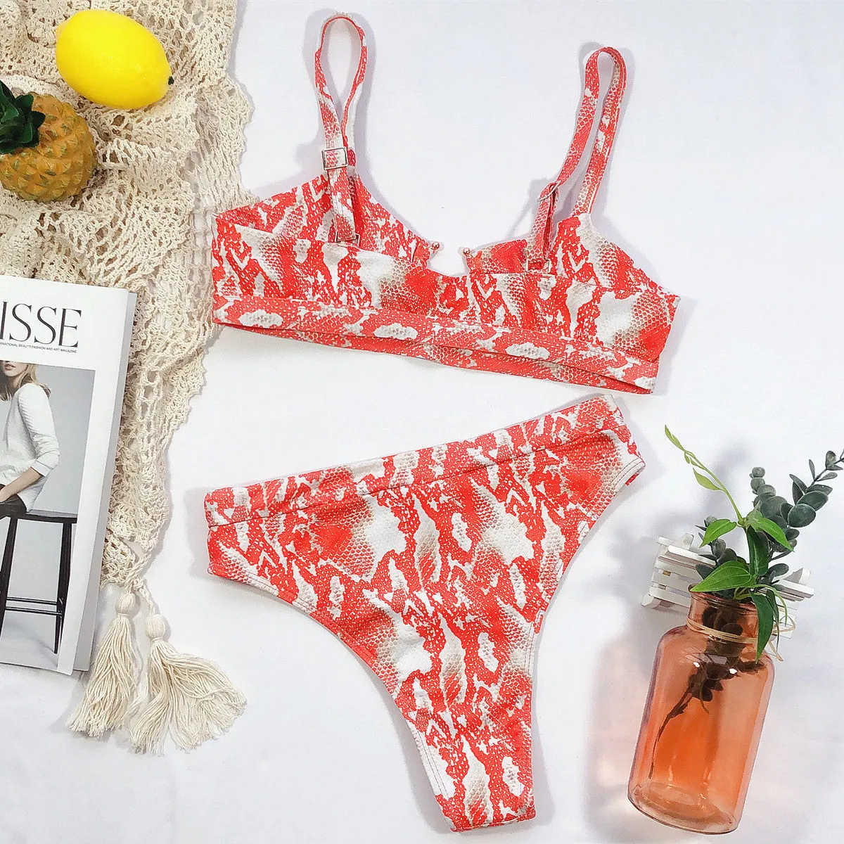 2020 Female swimsuit 2pc Bikini leopard solid color swimsuit Europe US Style Center Ring Various Pattern