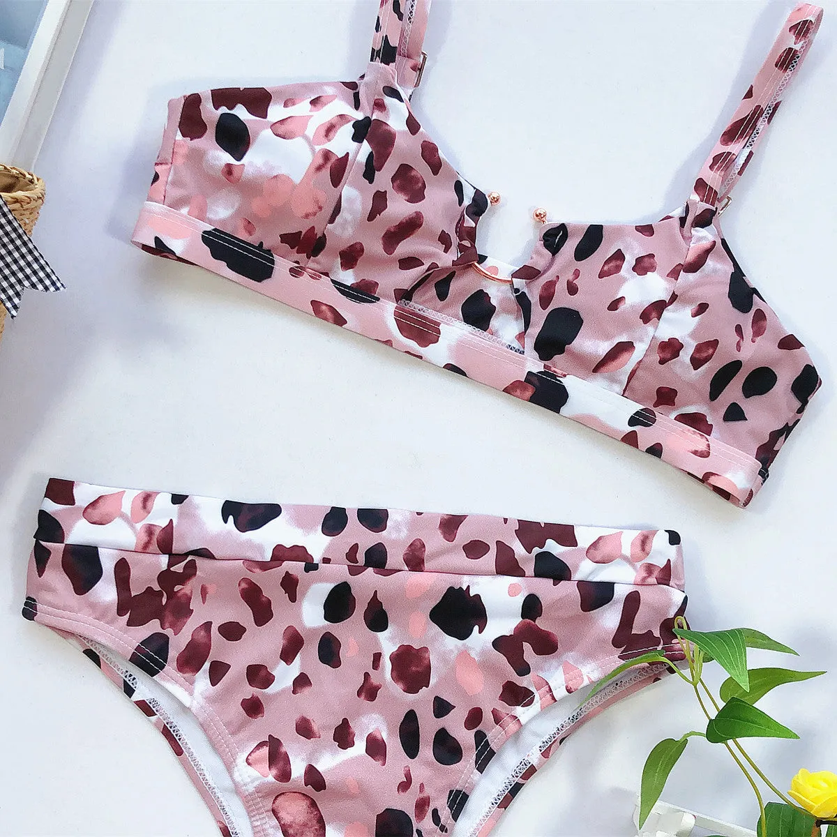2020 Female swimsuit 2pc Bikini leopard solid color swimsuit Europe US Style Center Ring Various Pattern