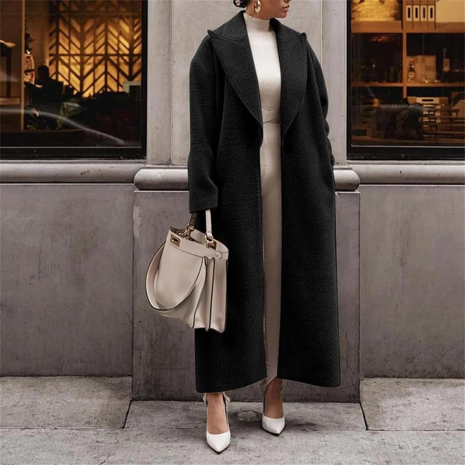 2024 Women's Fall Winter Lapel Single Breasted Blend Maxi Trench Coat Long Sleeve Open Front Overcoat Jacket