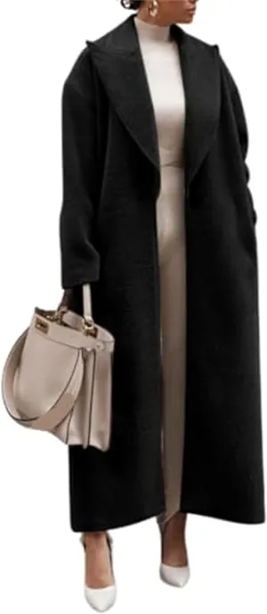 2024 Women's Fall Winter Lapel Single Breasted Blend Maxi Trench Coat Long Sleeve Open Front Overcoat Jacket