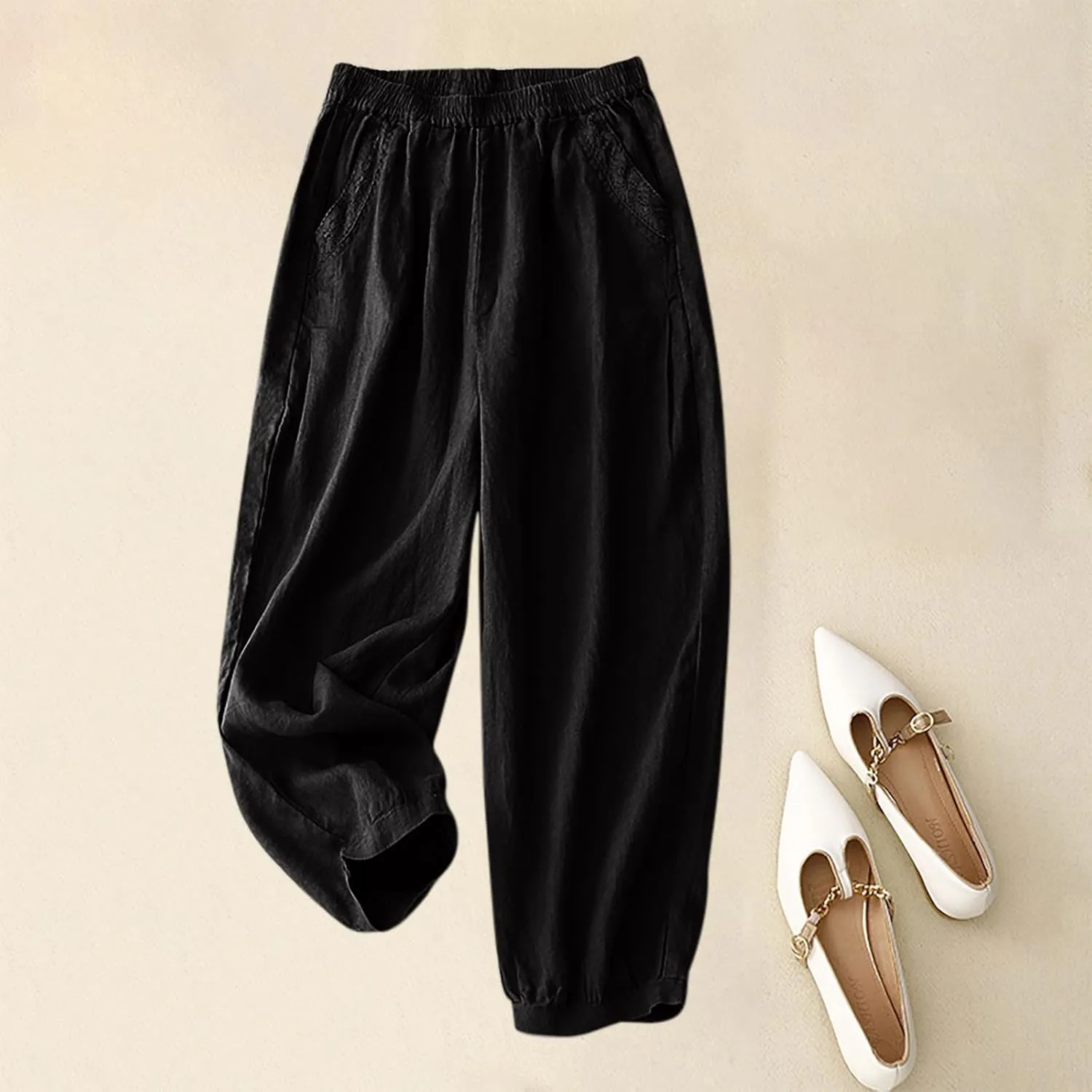 2025 Trendy Summer High Waisted Cotton Linen Pants for Women Casual Loose Solid Color Beach Wide Leg Long Trousers