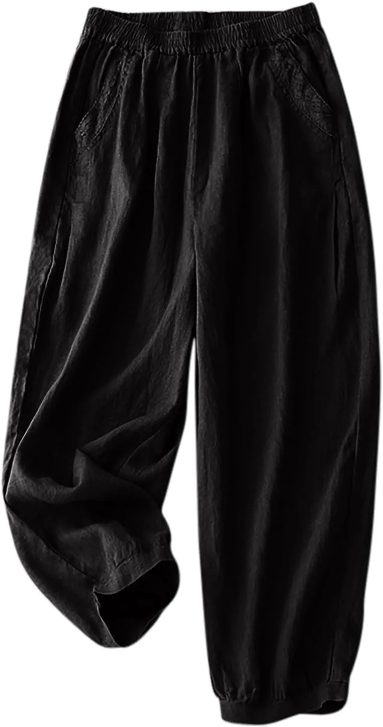 2025 Trendy Summer High Waisted Cotton Linen Pants for Women Casual Loose Solid Color Beach Wide Leg Long Trousers