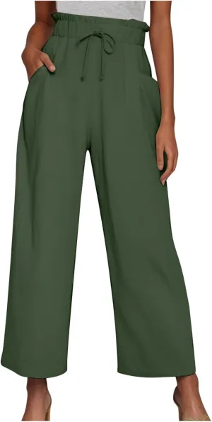 2025 Trendy Women Linen Pants Casual Loose High Waisted Boho Wide Leg Cropped Palazzo Beach Trousers Summer Outfits