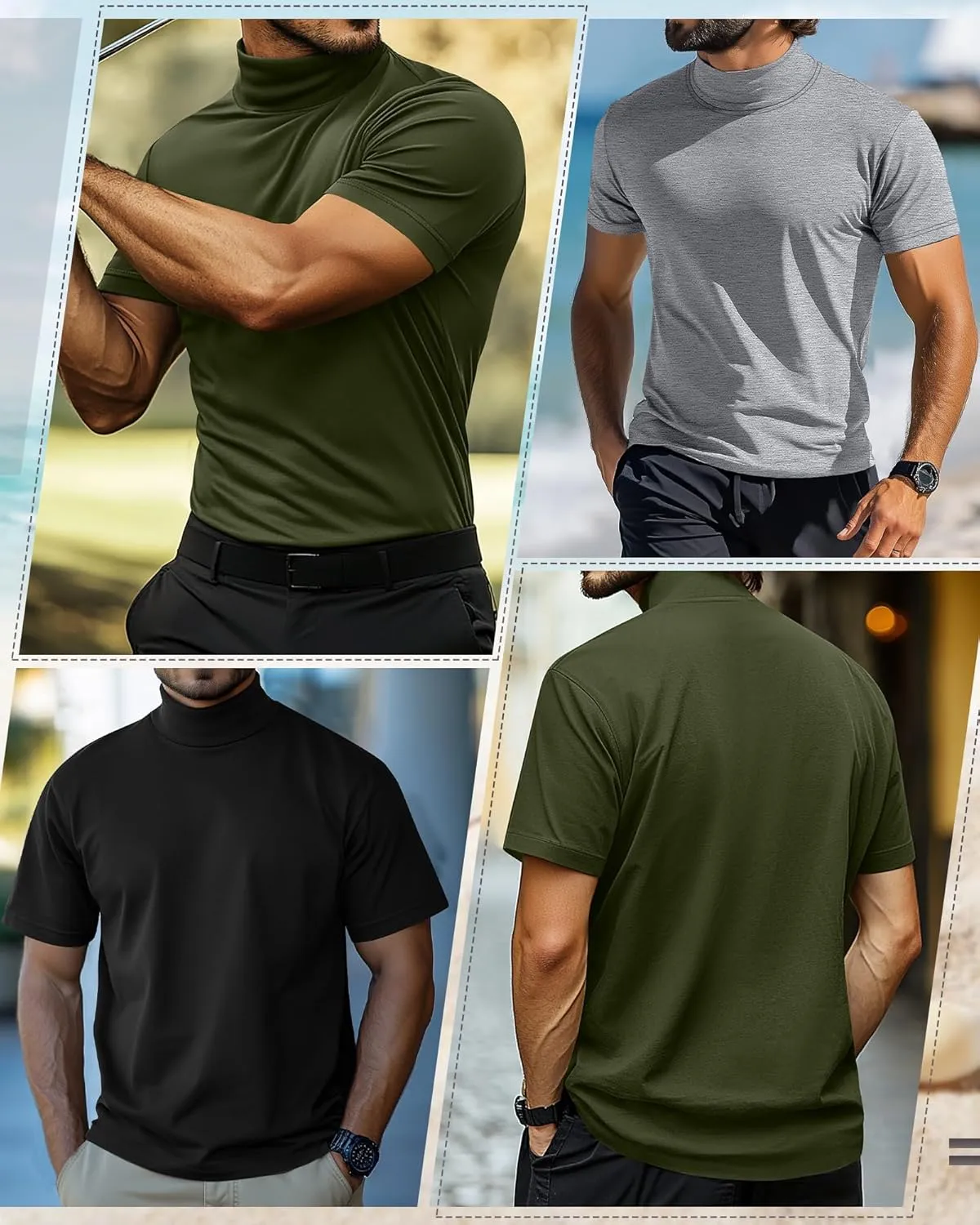 3 Pack Men's Turtleneck T Shirts, Cotton Short Sleeve Mock Neck Undershirt Summer Casual Basic Pullover Tops