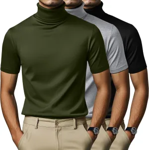 3 Pack Men's Turtleneck T Shirts, Cotton Short Sleeve Mock Neck Undershirt Summer Casual Basic Pullover Tops