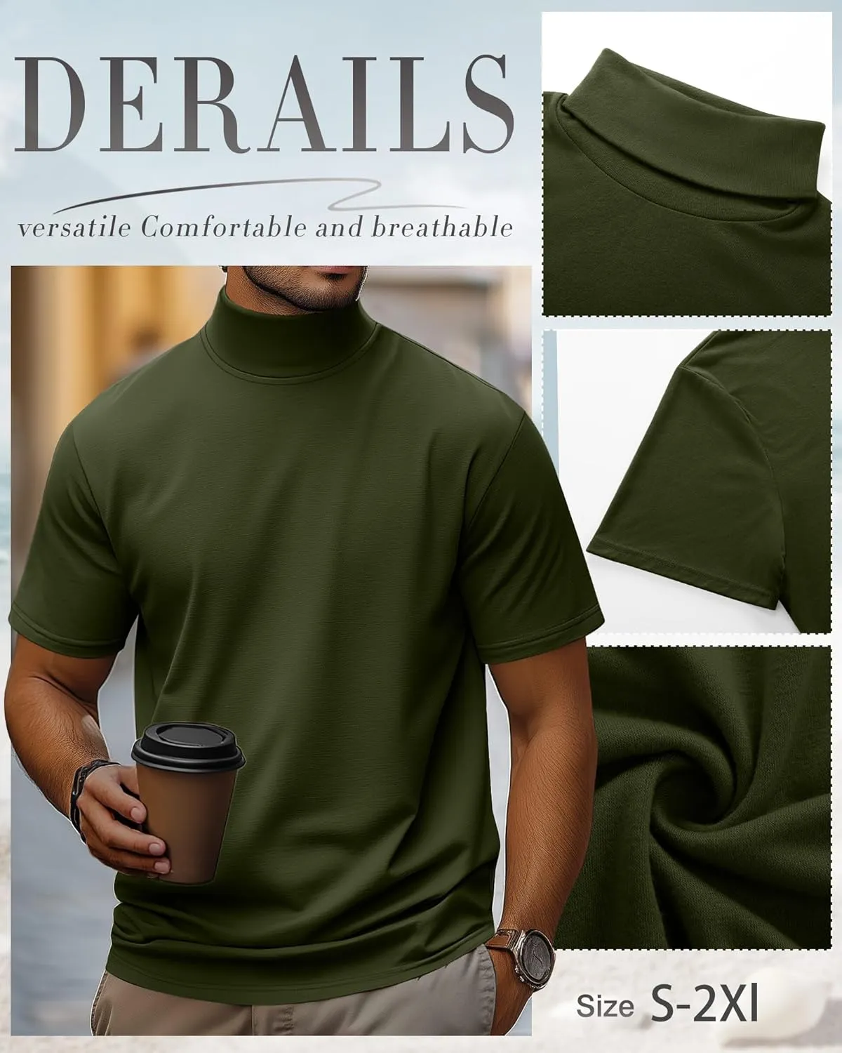 3 Pack Men's Turtleneck T Shirts, Cotton Short Sleeve Mock Neck Undershirt Summer Casual Basic Pullover Tops