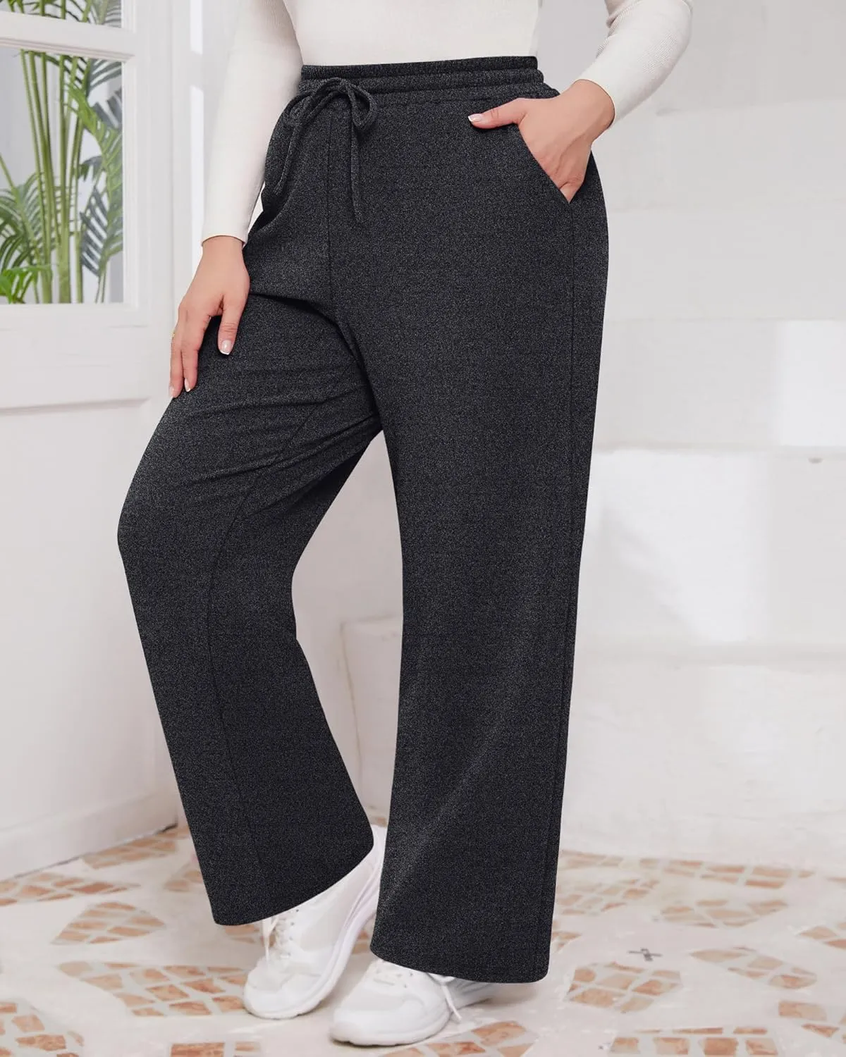3 Pack Women's Plus Size Pants Fleece Lined Wide Leg Sweatpants with Pocket High Waist Drawstring Yoga Lounge Pants