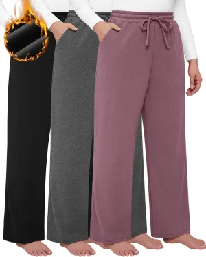 3 Pack Women's Plus Size Pants Fleece Lined Wide Leg Sweatpants with Pocket High Waist Drawstring Yoga Lounge Pants