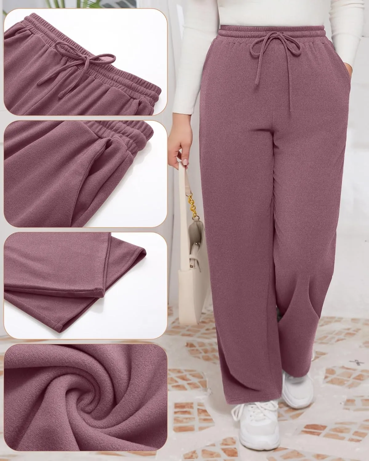 3 Pack Women's Plus Size Pants Fleece Lined Wide Leg Sweatpants with Pocket High Waist Drawstring Yoga Lounge Pants