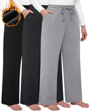 3 Pack Women's Plus Size Pants Fleece Lined Wide Leg Sweatpants with Pocket High Waist Drawstring Yoga Lounge Pants