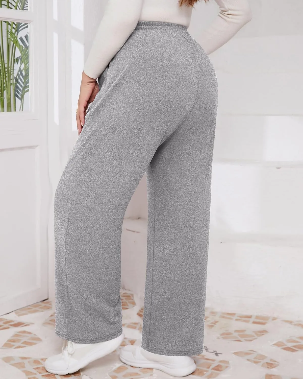 3 Pack Women's Plus Size Pants Fleece Lined Wide Leg Sweatpants with Pocket High Waist Drawstring Yoga Lounge Pants