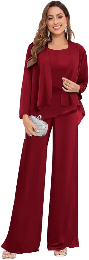 3 Piece Mother of The Bride Pant Suits for Wedding Chiffon Jackets Formal Pantsuits for Women Dressy