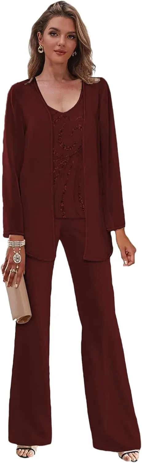 3 Piece Mother of The Bride Pant Suits with Jackets Sparkly Chiffon Formal Dress for Women Glitter Outfits