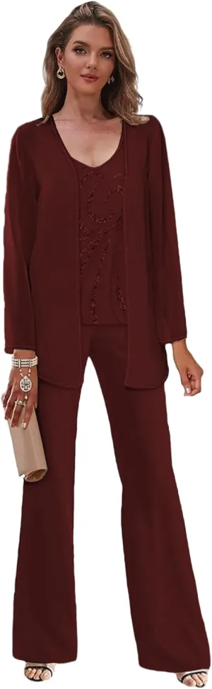3 Piece Mother of The Bride Pant Suits with Jackets Sparkly Chiffon Formal Dress for Women Glitter Outfits