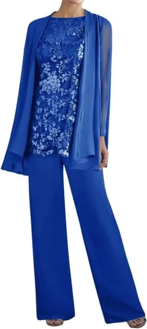 3 Pieces Dressy Pant Suits for Women Long Sleeve Lace Chiffon Outfits Formal Evening Gowns for Wedding with Jackets