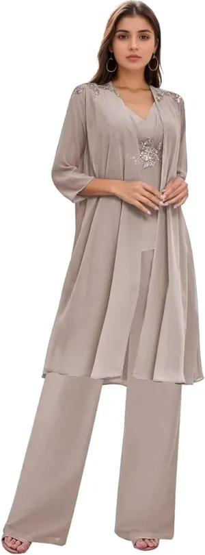 3 Pieces Mother of The Bride Pantsuits for Wedding Long Sleeve Chiffon Lace Formal Outfits for Women with Jackets