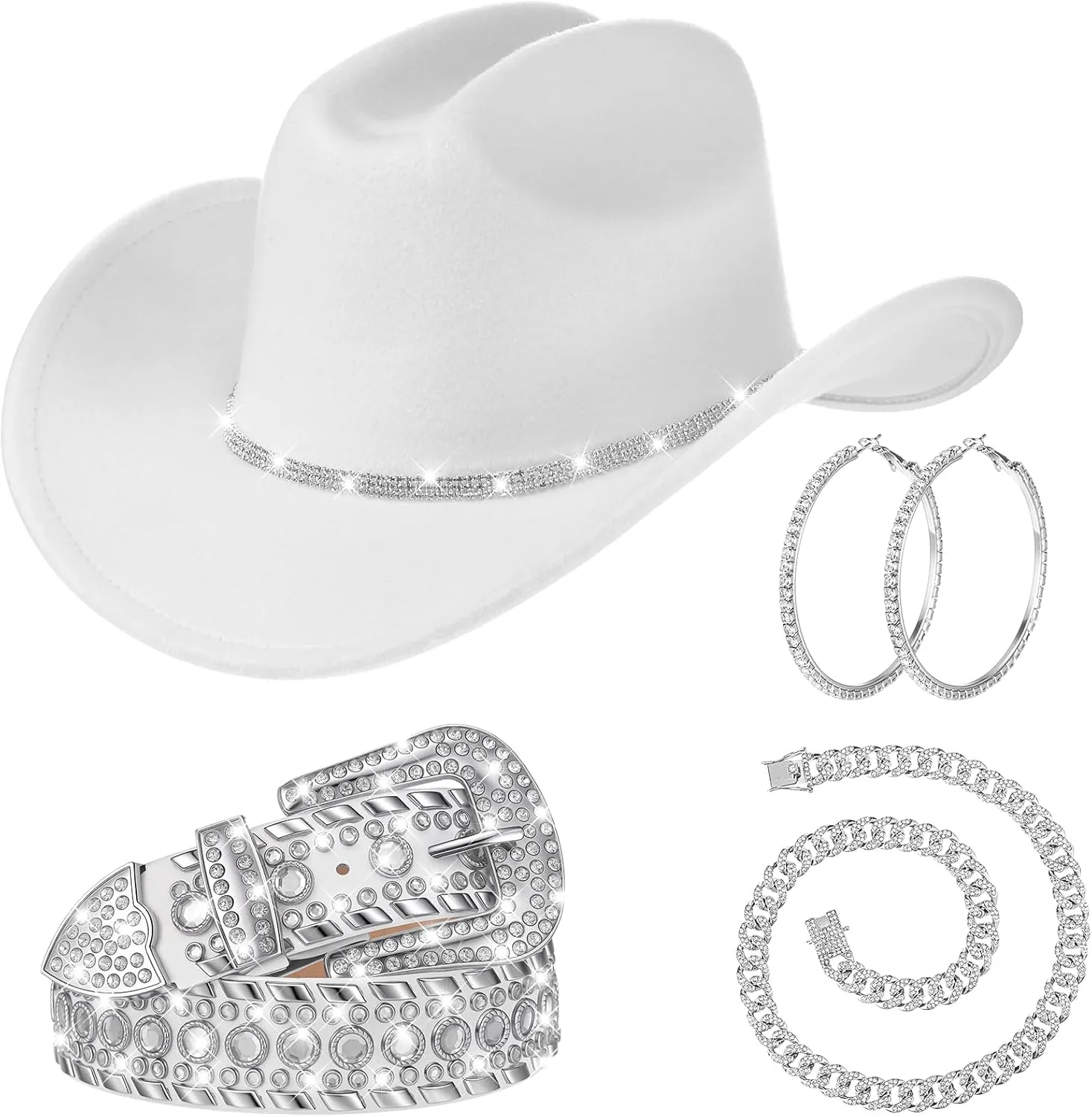 4 Pcs Rhinestone Belt for Men Women Glitter Cowboy Hat Diamond Chain Earring Outfit for Party Supplies