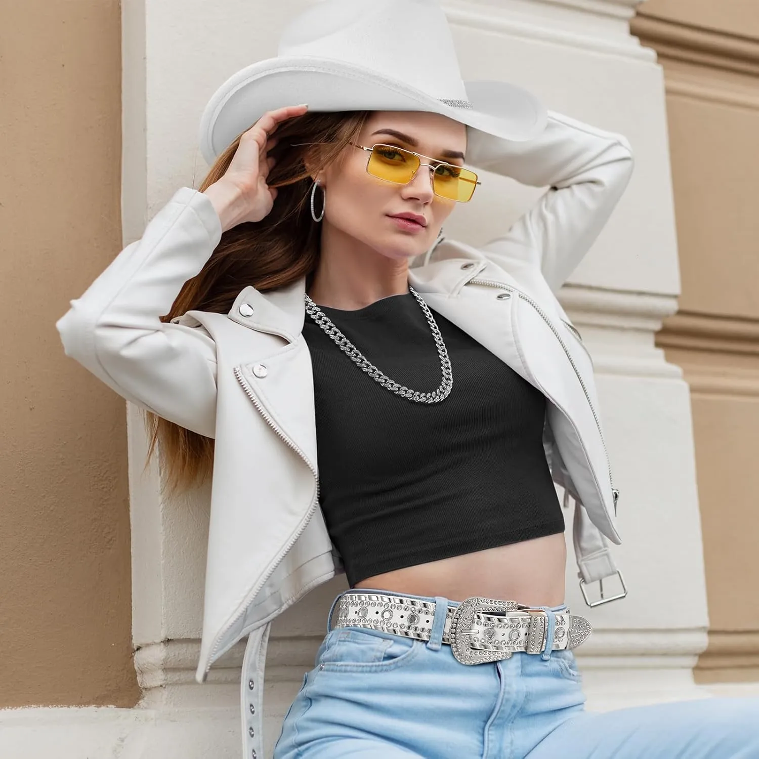 4 Pcs Rhinestone Belt for Men Women Glitter Cowboy Hat Diamond Chain Earring Outfit for Party Supplies