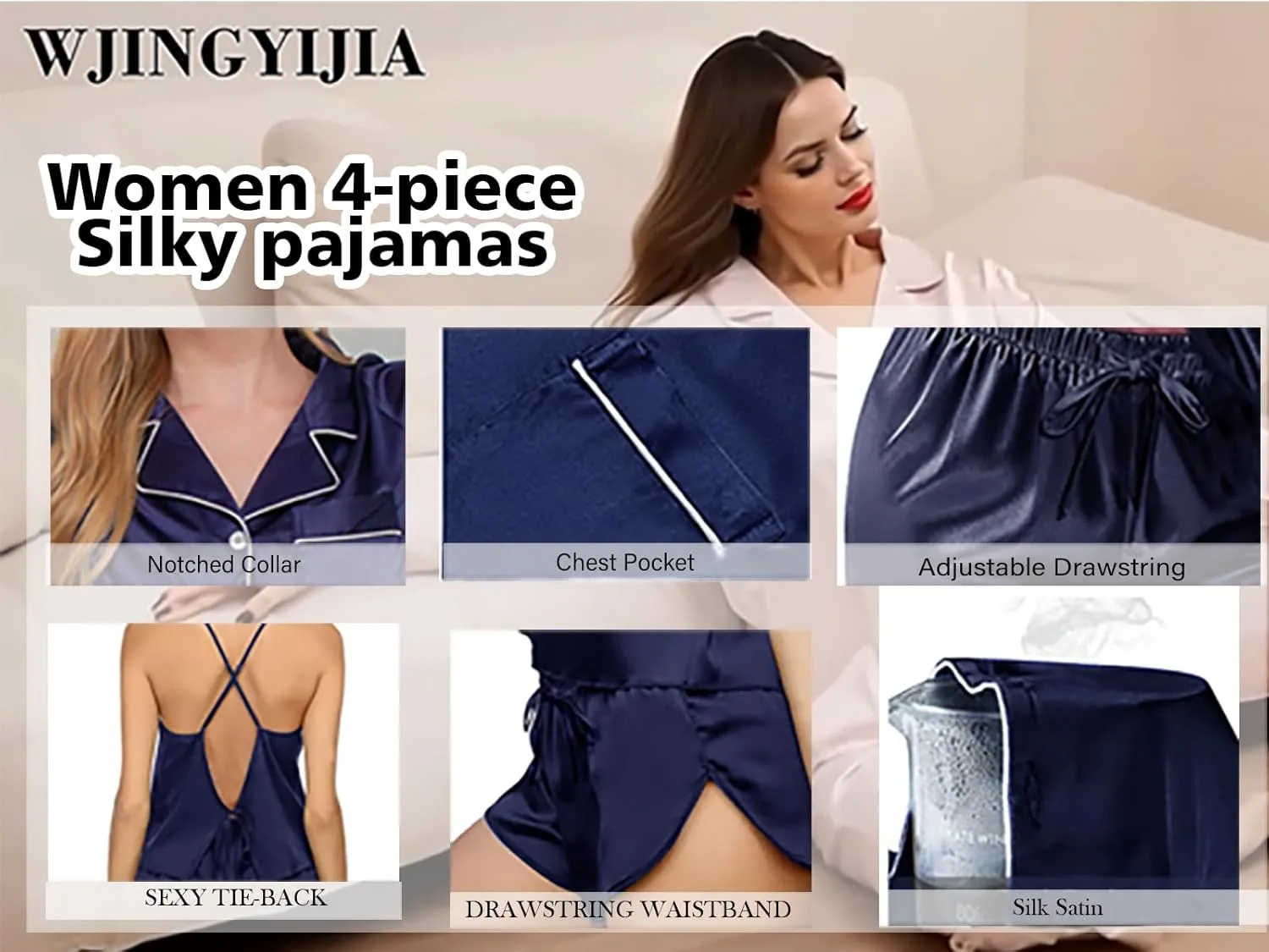 4Pcs Womens Silk Pajama Sets Satin Pajamas Set Sexy Cami Lingerie Pjs Nightwear Silky Pj Loungewear Sleepwear
