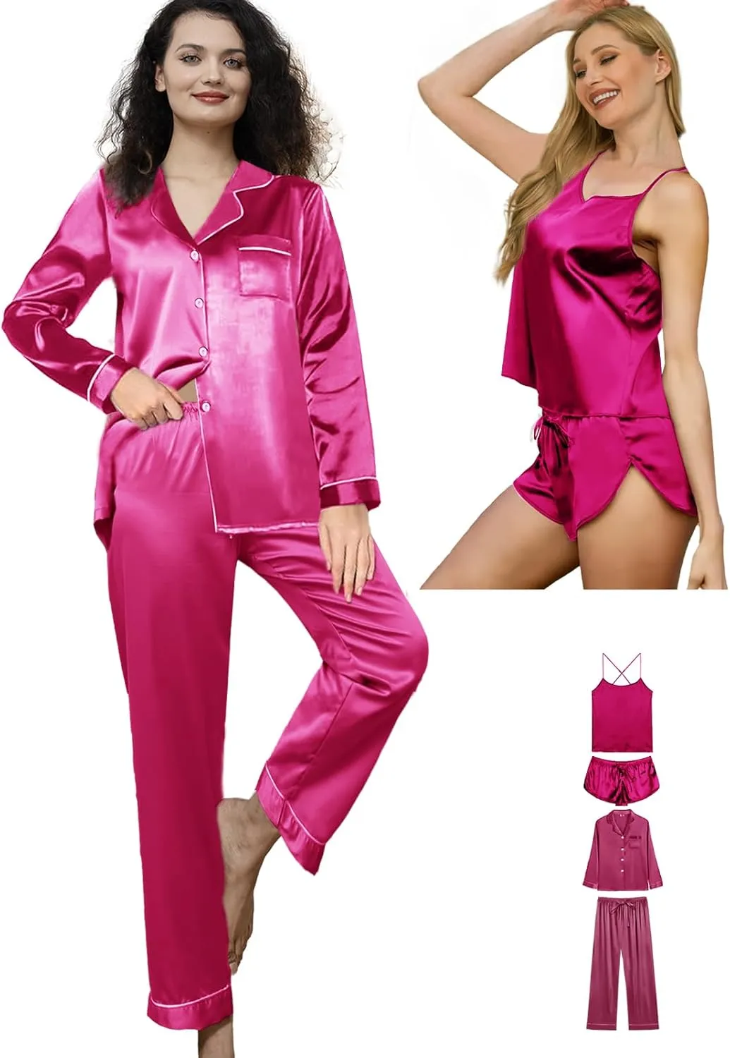 4Pcs Womens Silk Pajama Sets Satin Pajamas Set Sexy Cami Lingerie Pjs Nightwear Silky Pj Loungewear Sleepwear