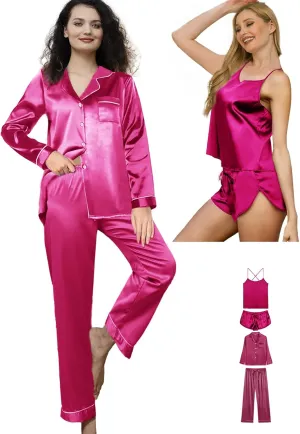 4Pcs Womens Silk Pajama Sets Satin Pajamas Set Sexy Cami Lingerie Pjs Nightwear Silky Pj Loungewear Sleepwear
