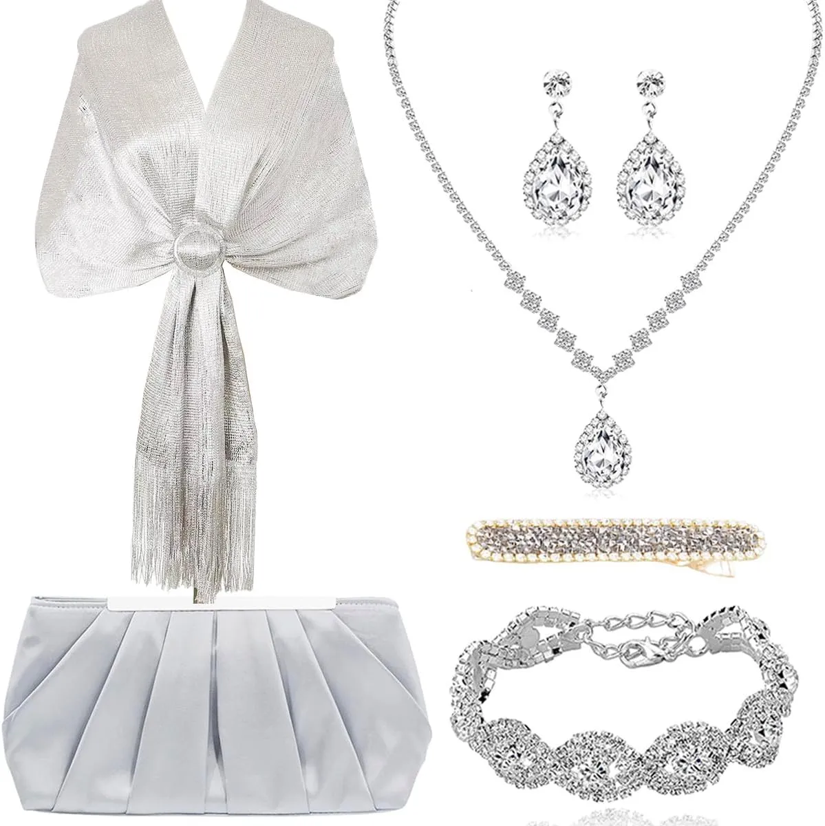 6 Pieces Silver Shawls and Wraps Evening Handbags Rhinestone Jewelry Sets for Women Evening Dresses Bridal Weddings