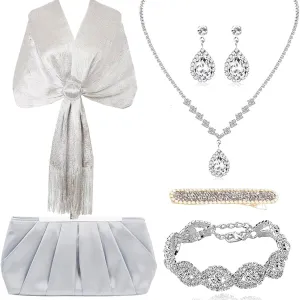 6 Pieces Silver Shawls and Wraps Evening Handbags Rhinestone Jewelry Sets for Women Evening Dresses Bridal Weddings