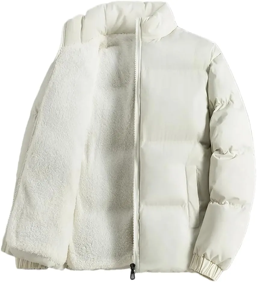Adhdyuud Men Jacket Fleece Thickened Cotton Padded Jackets Casual Stand Collar Coats With Zipper Pocket Beige 3XL (73kg-80kg)