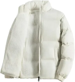 Adhdyuud Men Jacket Fleece Thickened Cotton Padded Jackets Casual Stand Collar Coats With Zipper Pocket Beige 4XL (80kg-90kg)