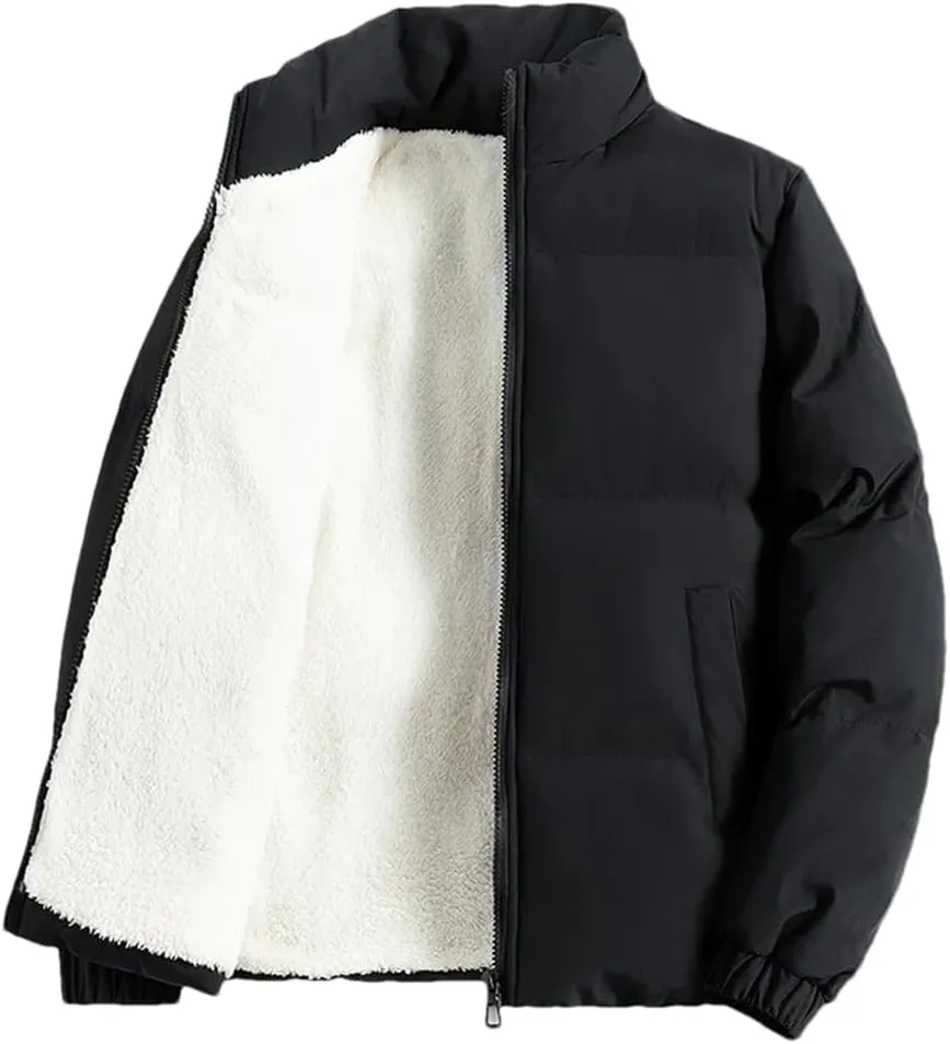 Adhdyuud Men Jacket Fleece Thickened Cotton Padded Jackets Casual Stand Collar Coats With Zipper Pocket Black 2XL (65kg-73kg)