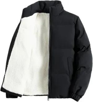 Adhdyuud Men Jacket Fleece Thickened Cotton Padded Jackets Casual Stand Collar Coats With Zipper Pocket Black 2XL (65kg-73kg)