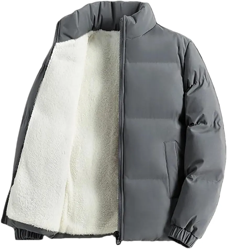 Adhdyuud Men Jacket Fleece Thickened Cotton Padded Jackets Casual Stand Collar Coats With Zipper Pocket gray9 2XL (65kg-73kg)