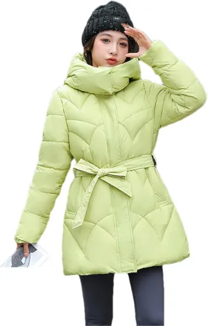 Adhdyuud Women's Down Jackets Cotton Padded Parka Warm Casual Coat Puffer Belt Hooded Parka Overcoat