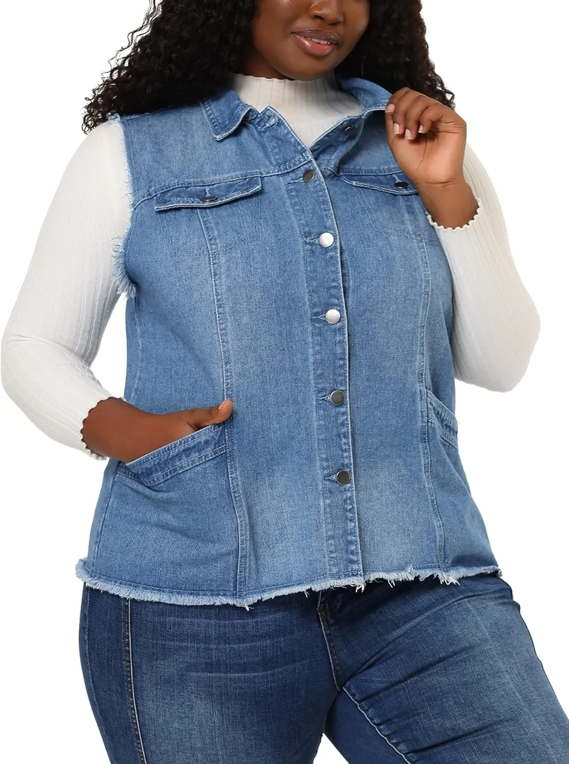 Agnes Orinda Denim Jackets for Women 2025 Plus Size Button Front Lapel Frayed Washed Sleeveless Long Jean Vest