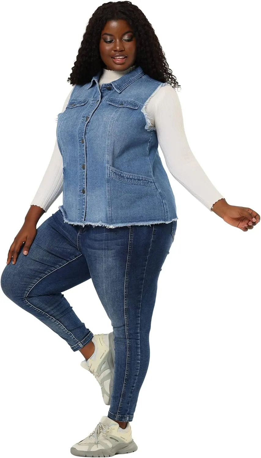 Agnes Orinda Denim Jackets for Women 2025 Plus Size Button Front Lapel Frayed Washed Sleeveless Long Jean Vest